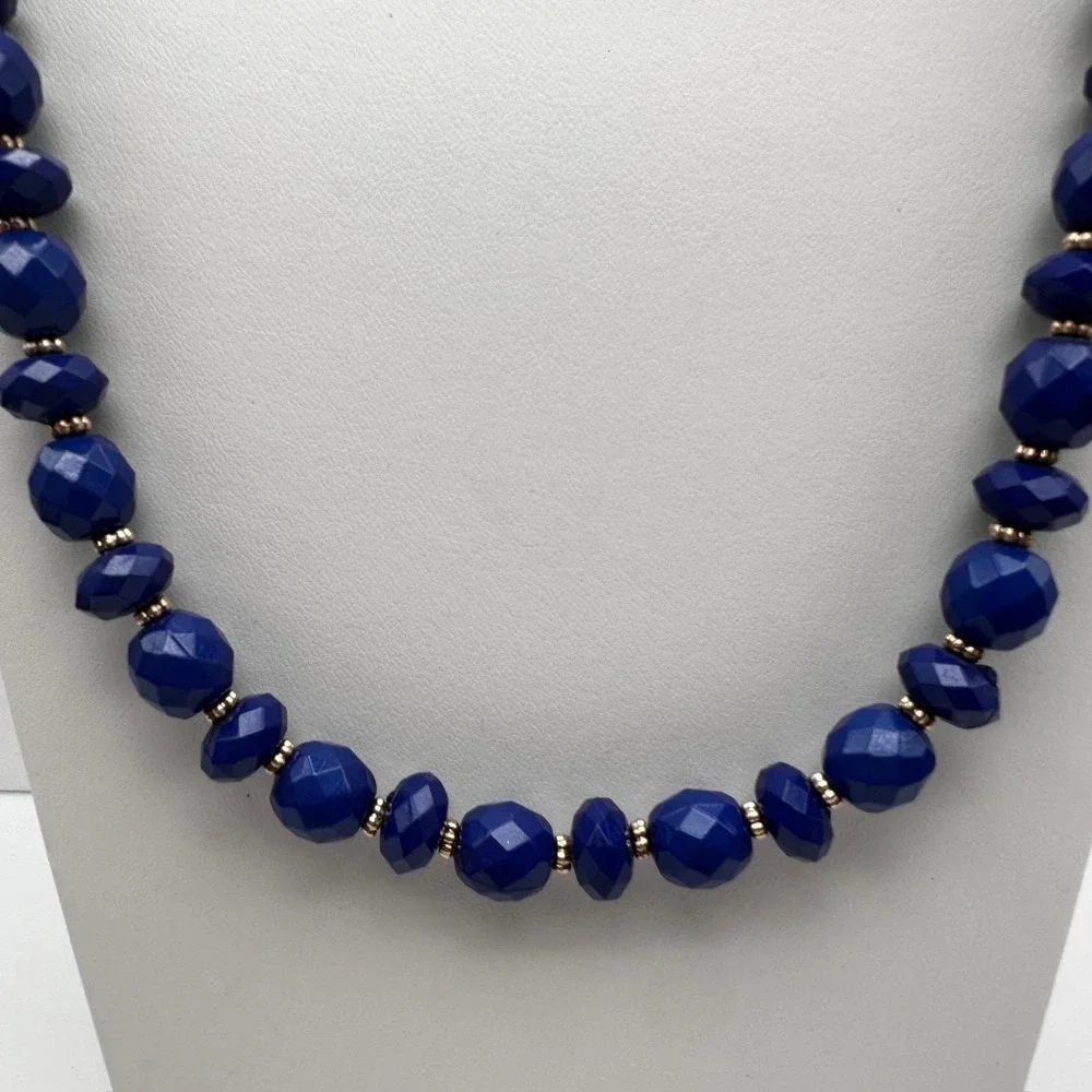 Vintage 90s Gold Tone Blue Faceted Beaded Statement Necklace Women's Jewelry Y2K